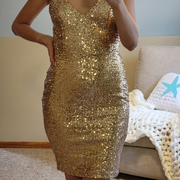 Gold Sequined Night Out Dress- Small - Picture 1 of 7